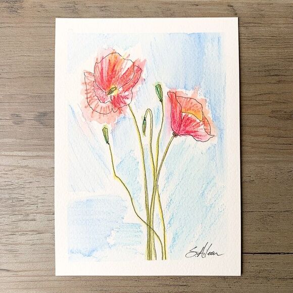 Watercolor Painting Expressive Floral Poppies Blue Sky Impressionist Signed 5x7 - Picture 2 of 2
